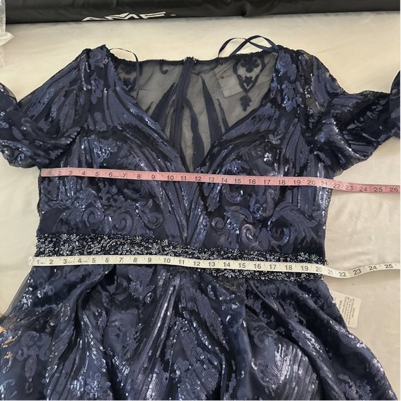 NWT $598 Mac Duggal [ 18 ] Damask Sequin Long‎ Sleeve Gown in Midnight Blue - Picture 4 of 16